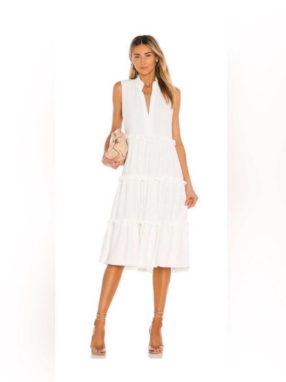Amanda Uprichard Cream Sleeveless Tiered Ruffle Midi Dress